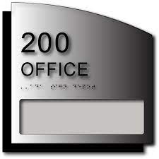 Silver room number plaque with the number 200 and the word office