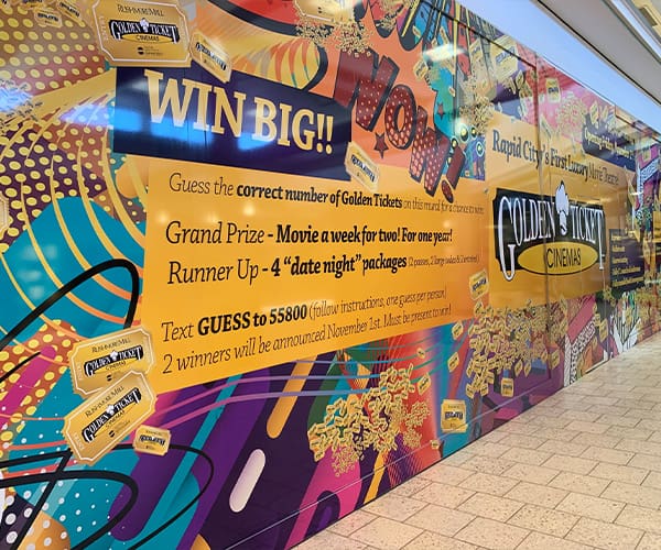 Temporary Vinyl Wall graphics - advertisement for Golden Ticket Cinemas referring to a Golden Tickets contest to win movie tickets or date night packages